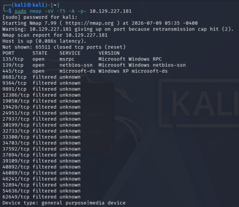 Escaneo inicial de puertos de Nmap